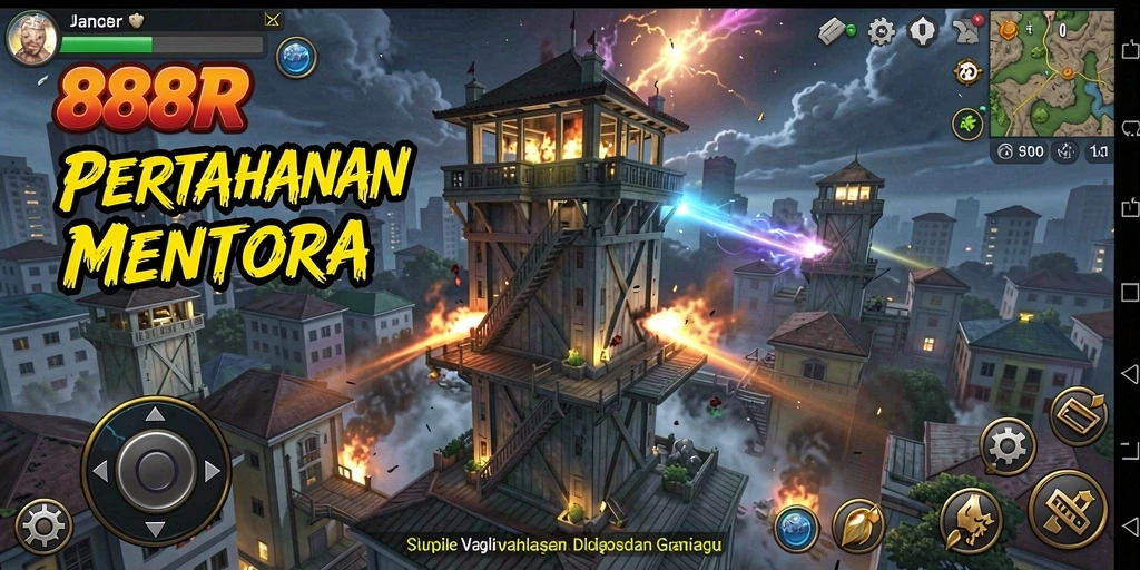 Tangkapan layar gameplay <strong>888R</strong> menunjukkan pertahanan menara yang strategis dan serangan musuh yang intens.