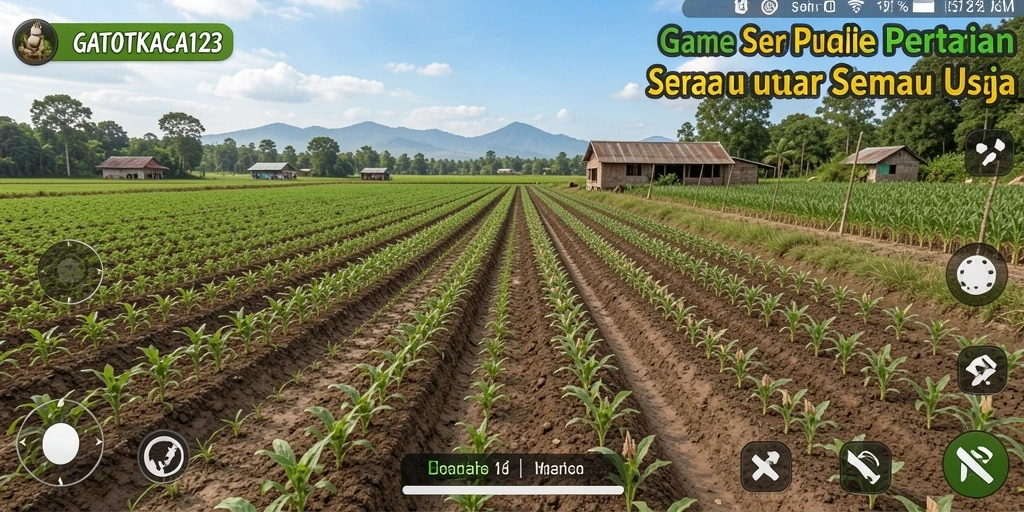 Tampilan gameplay GATOTKACA123 dengan lahan pertanian yang luas dan subur.