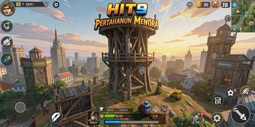 Tampilan gameplay HIT9 dengan menara yang siap bertahan dari serangan musuh.