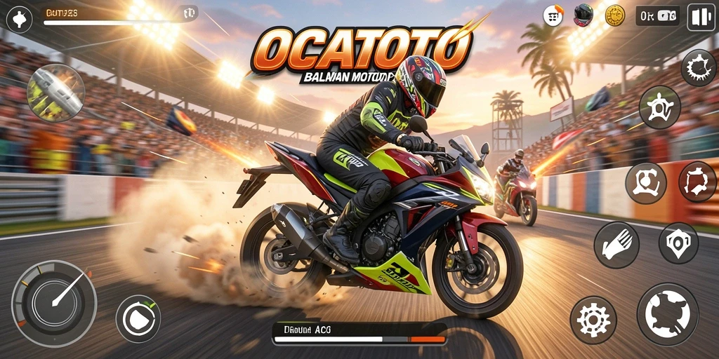 Screenshot OCATOTO menunjukkan aksi balapan motor yang mendebarkan.