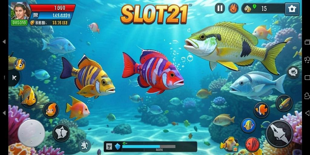 Screenshot menunjukkan aksi menembak ikan dalam SLOT21 yang seru.