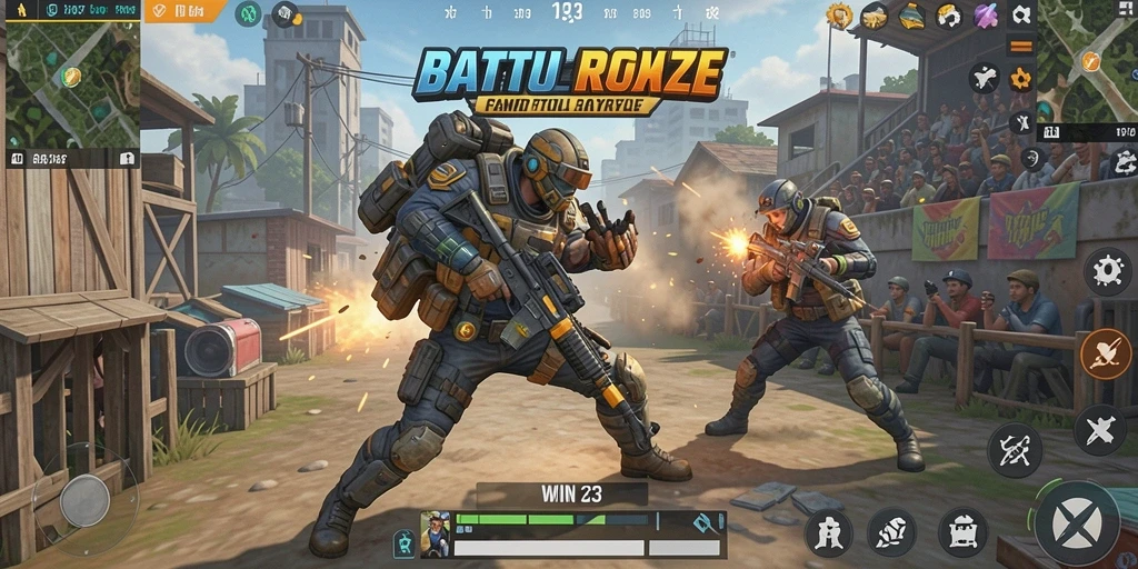 Tangkapan layar gameplay WIN33 menunjukkan pertempuran intens di arena Battle Royale.